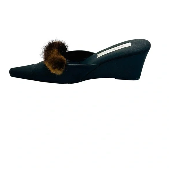 Olivia Rose Tal Black Wedge Mules with Brown Fur sz 9 Vintage - Picture 7 of 11